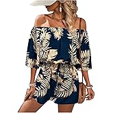SHENHE Women's Off Shoulder Flutter Sleeve Boho Tropical Romper Short Jumpsuit Playsuit