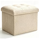 Ottoman with Storage, Foot Rest Stool with Thick Sponge Cushion, Beige | Small Folding Linen Storage Ottoman for Dorm Living Room Bedroom Home Office Coffee Table, Ottoman Foot Rest, 17x13x13in