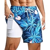 Gleeease 4inch Mens Swim Trunks: with Compression Liner Zipper Pocket Drawstring Quick Dry Stretch Lined Palm Tree Beach Pool