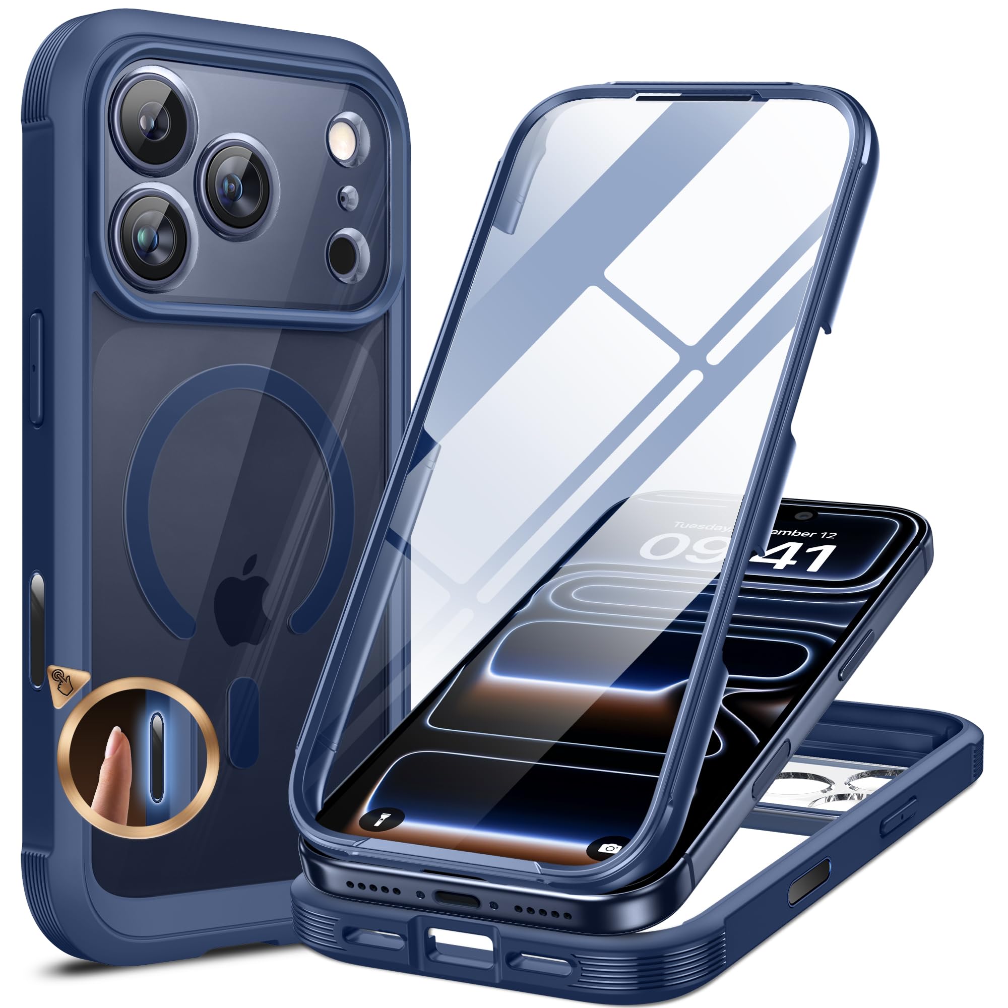 Photo 1 of Miracase for iPhone 17 Pro Max Case 6.9" Full-Body Phone Case with Built-in Glass Screen Protector& Full Camera Protector,[Magnetic with MagSafe] Drop Proof 17 ProMax Cover, Blue