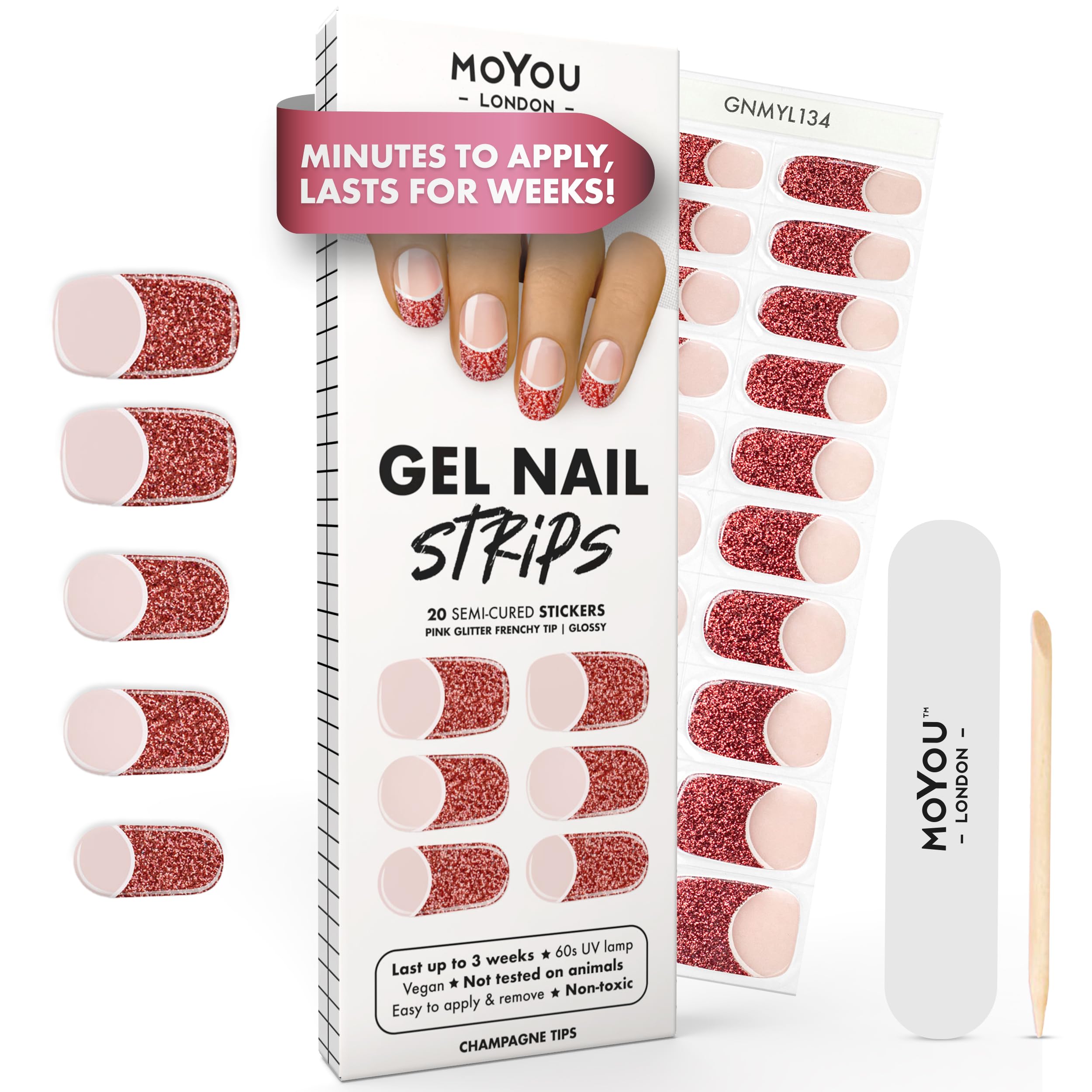 MOYOU LONDON Semi Cured Gel Nail Strips - 20 Pcs. Waterproof Gel Nail Wraps, Cures in Sunlight or UV/LED Lamp, Lasts Up to 2+ Weeks, Stretchable, Easy to Apply & Remove, Vegan & Cruelty-Free