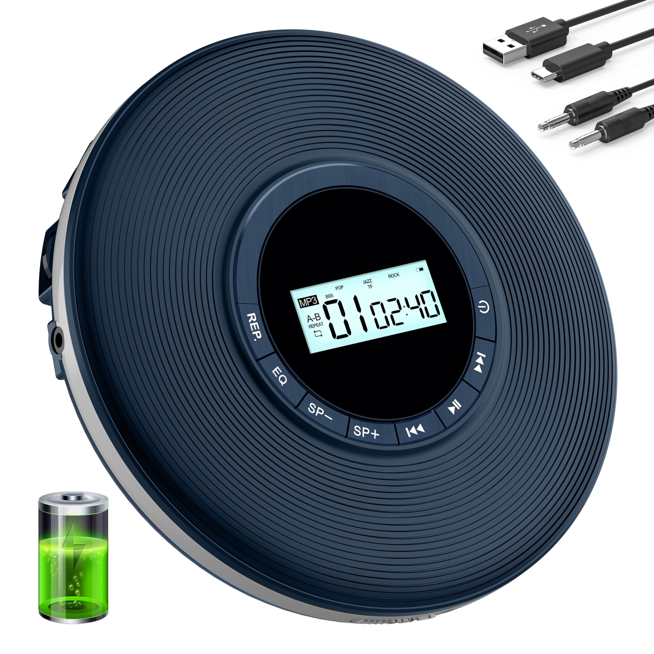 Photo 1 of Portable CD Player, Disman CD Player for Car, Battery Powered Personal CD Music Player with Headphones Jack, Built-in 1000mAh Battery, Aux-Out Cable/TF Slot, LCD Display, Anti-Skip for Home