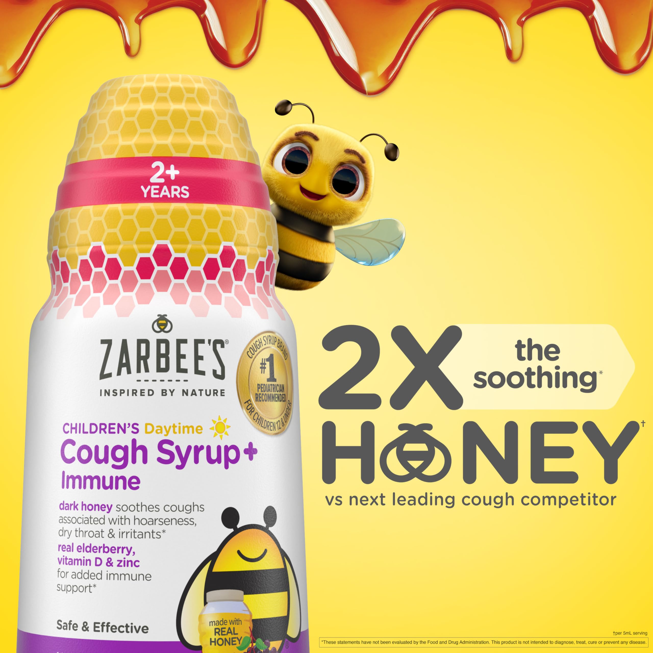 Zarbee's Children's Daytime Honey Cough Syrup + Immune for Kids 2+, Cough Syrup with Soothing Dark Honey, Real Elderberry, Vitamin D & Zinc, Drug & Alcohol-Free, Mixed Berry, 4 fl. oz