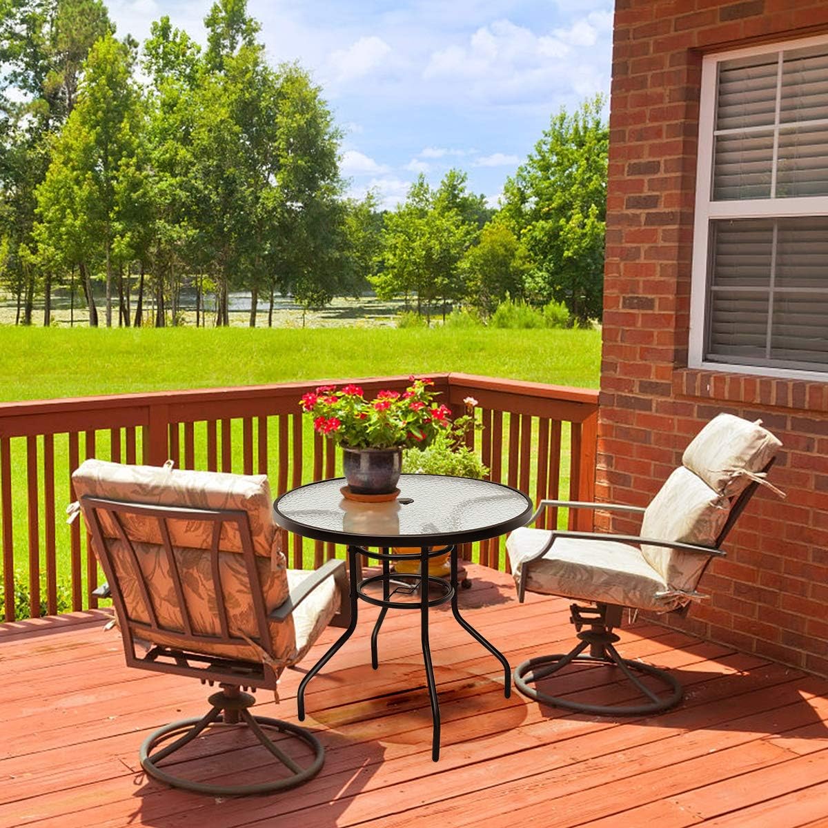 Tangkula 32" Outdoor Patio Table Round Steel Frame Tempered Glass Top Commercial Party Event Furniture Conversation Coffee Table for Backyard Lawn Balcony Pool with Umbrella Hole: Kitchen & Dining
