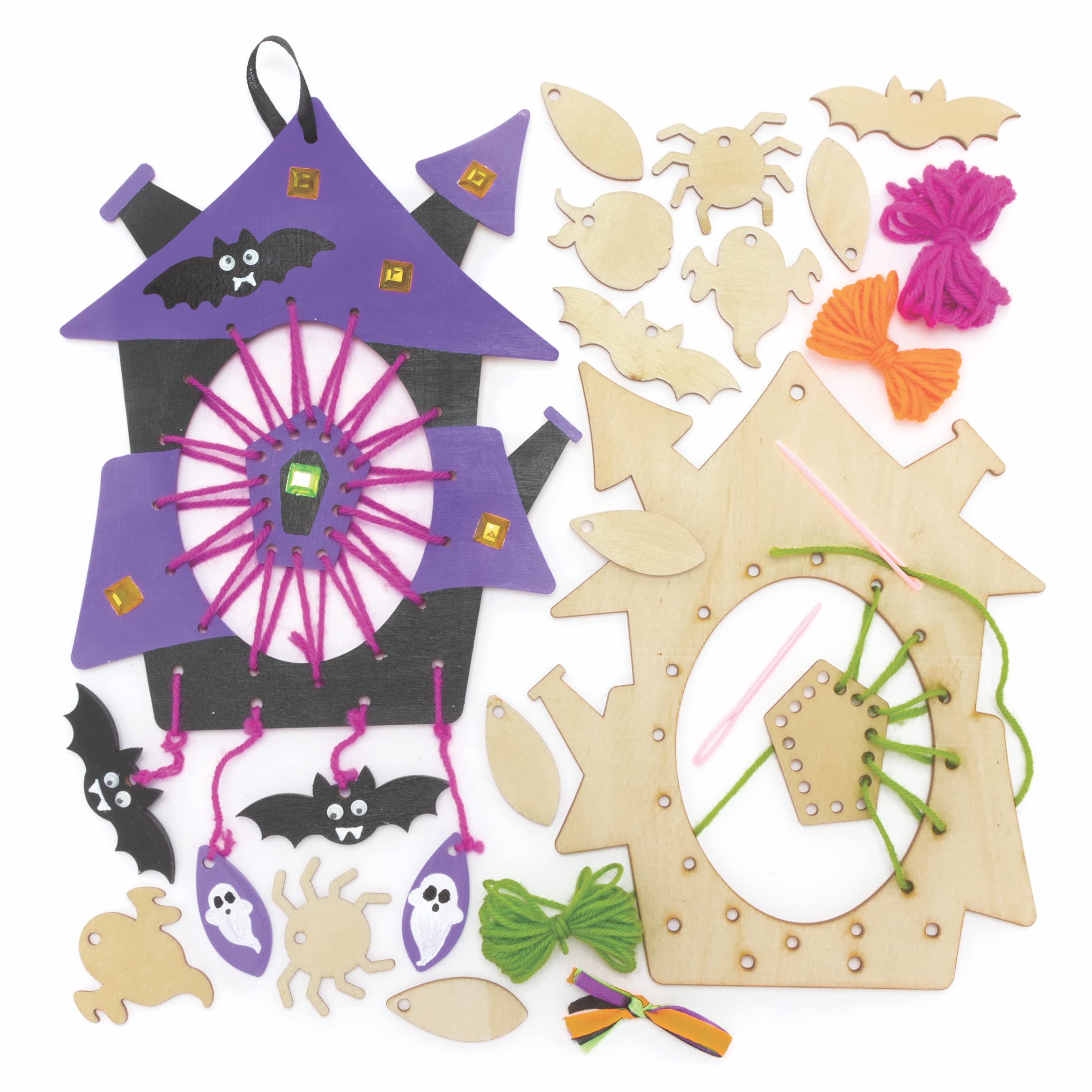 Baker Ross FE741 Halloween Wooden Dream Catcher Craft Kits - Pack of 4, Make Your Own Wood Dream Catcher Kit, Halloween Art and Craft for Kids to Make and Decorate