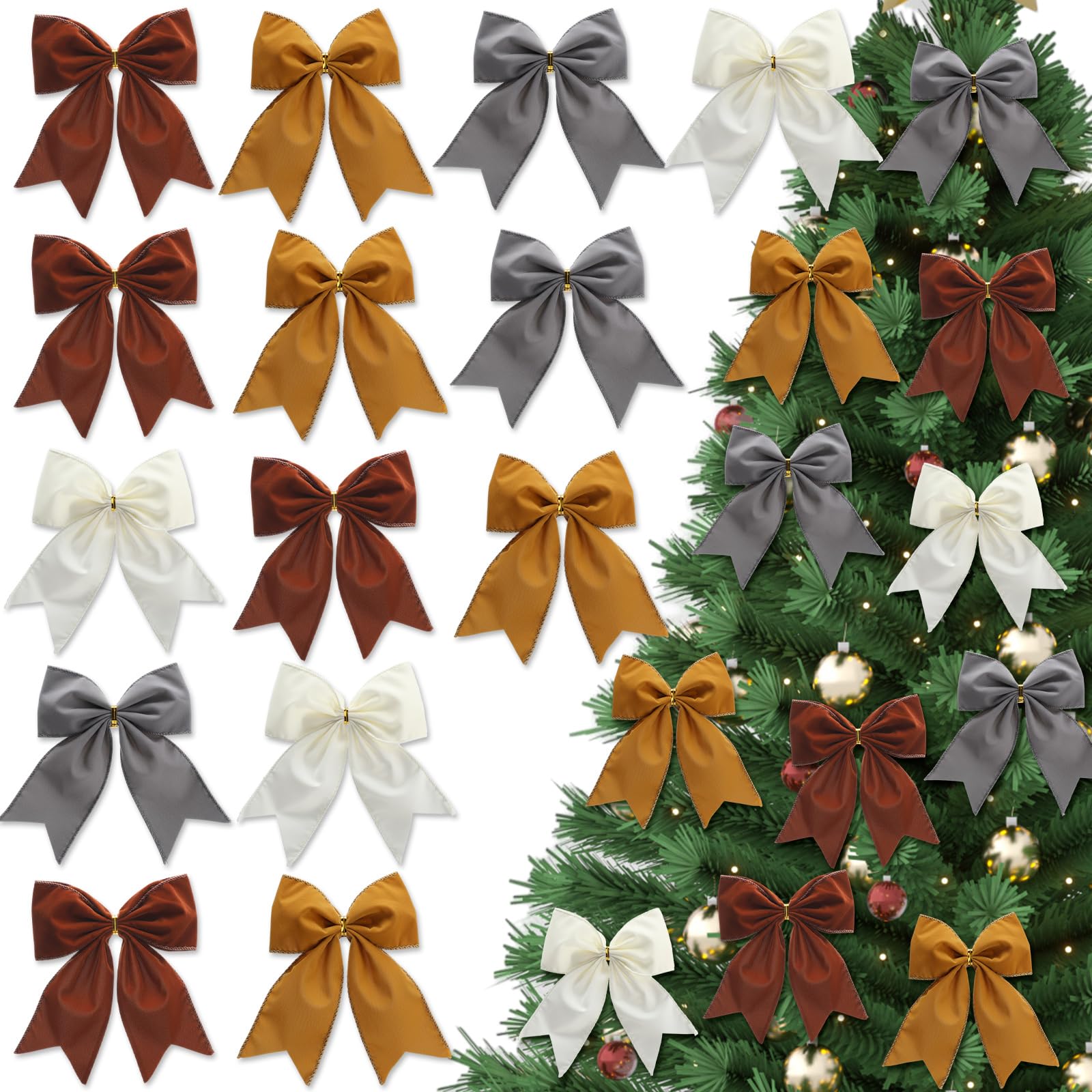 Photo 1 of 16 Pcs Neutral Christmas Velvet Bows 6 Inch Rustic Wreath Gift Bows Vintage Xmas Velvet Ribbon Bow for Christmas Tree Garland DIY Craft Wrapping Holiday Decor, Burgundy Red, Milky White, Khaki, Grey