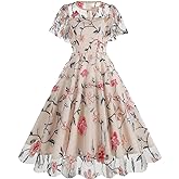 Vintage Embroidery Floral Dress for Women Flower Embroidered Tulle Prom Dress Mesh Flutter Short Sleeve Homecoming Dresses for Women Formal Tulle Party Dress A line Cocktail Dress Apricot-Floral S