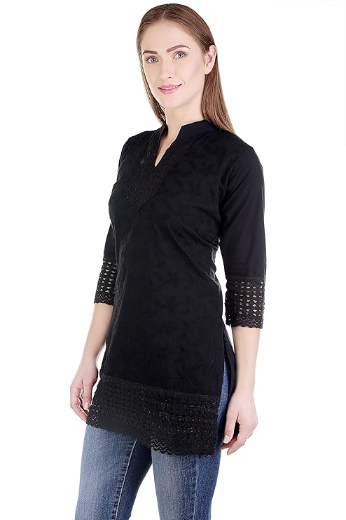 Chikankari Embroidered Women's Short Length Cotton Kurta/Kurti With Extended Crochet Sleeves