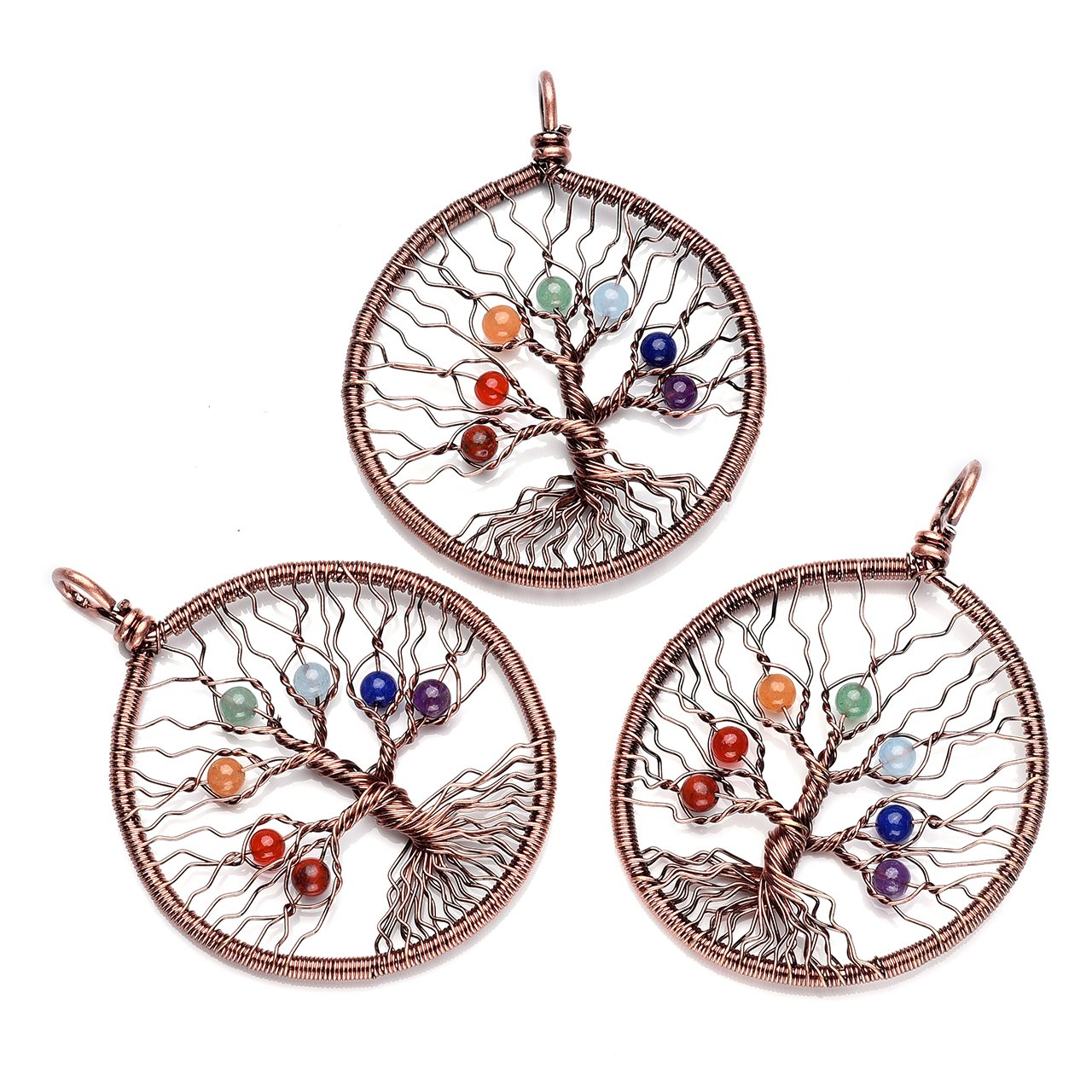JOVIVI 7 Pierres Chakra Pendentif Collier Retro DIY Arbre de la Vie avec Fils Cuivre Forme Rond Perles d\'Energie Precieuse avec Chaîne