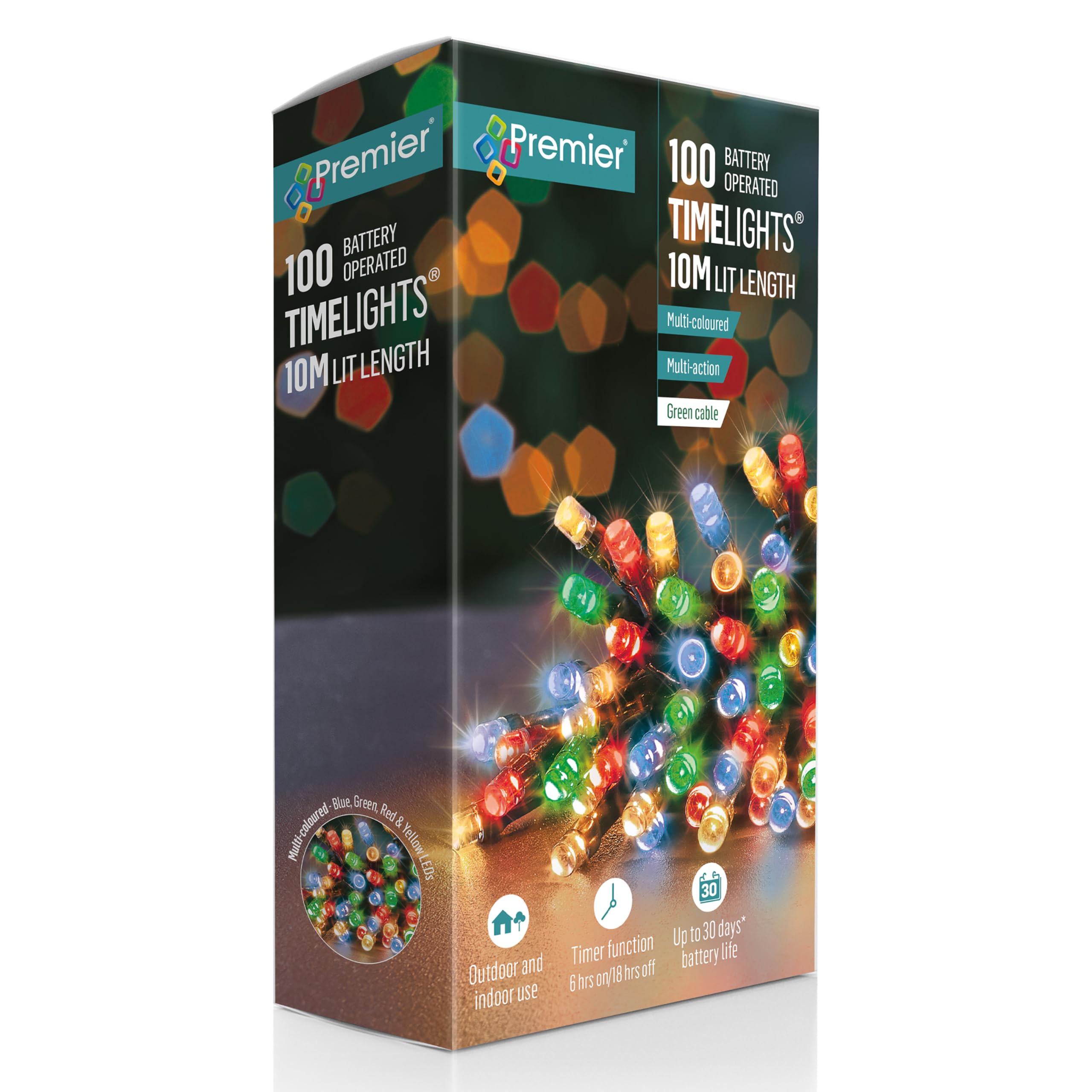 Premier 100 Battery Operated Timelights, 10m Lit Length, Multi-Coloured LEDs, Green Cable, Multi-Action with Timer Function, Indoor and Outdoor Use