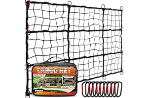 PAMAZY [Premium] 5'x7' Heavy Duty Cargo Net Stretches to 10' x 14', Extra Thick 10mm Cord Bungee Cargo Netting for Pickup Truck Bed, Roof Rack Net & 12 PCS Steel Carabiners