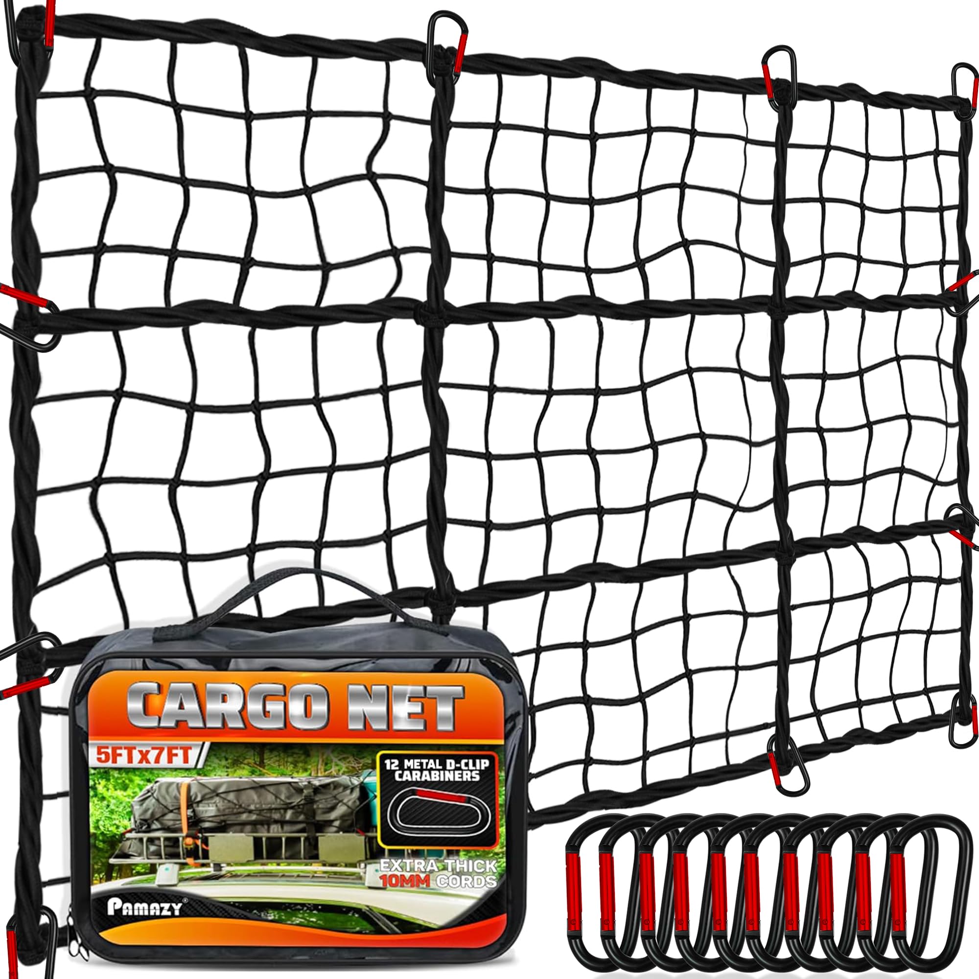 Photo 1 of [Premium] 5'x7' Heavy Duty Cargo Net Stretches to 10' x 14', Extra Thick 10mm Cord Bungee Cargo Netting for Pickup Truck Bed, Roof Rack Net & 12 PCS Steel Carabiners