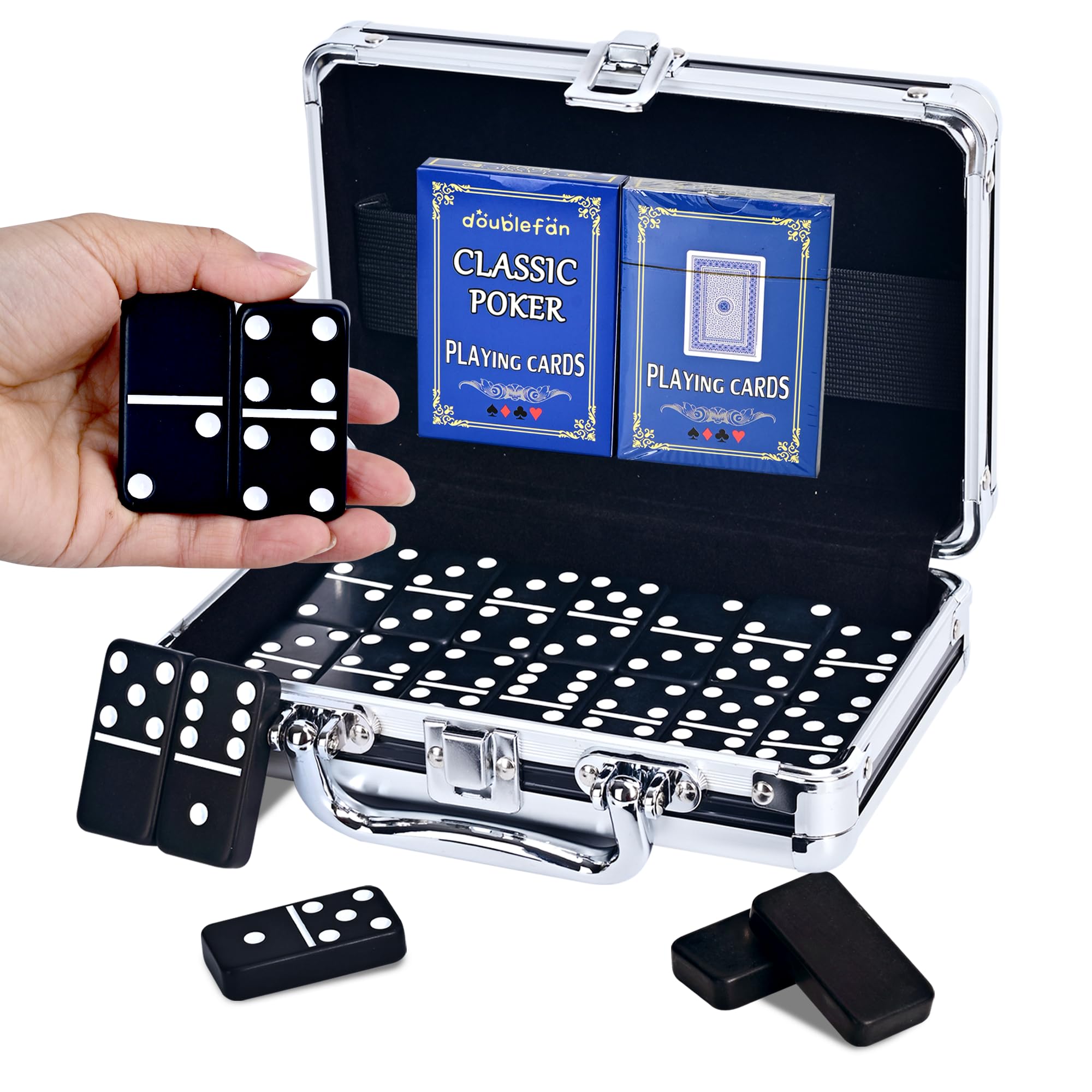Dominos Set for Adults - Jumbo Size Black Dominoes for Classic Board Games– Double Six Jumbo Size Dominos Set 28 Tiles with Black Aluminum - Juegos de Mesa, Festival Gift (2-4 Players)