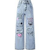 Adigau Girls Ripped Jeans Wide Leg Distressed Denim Pants Straight Leg Loose Trousers Elastic Waist Y2K Pant 5-14 Years