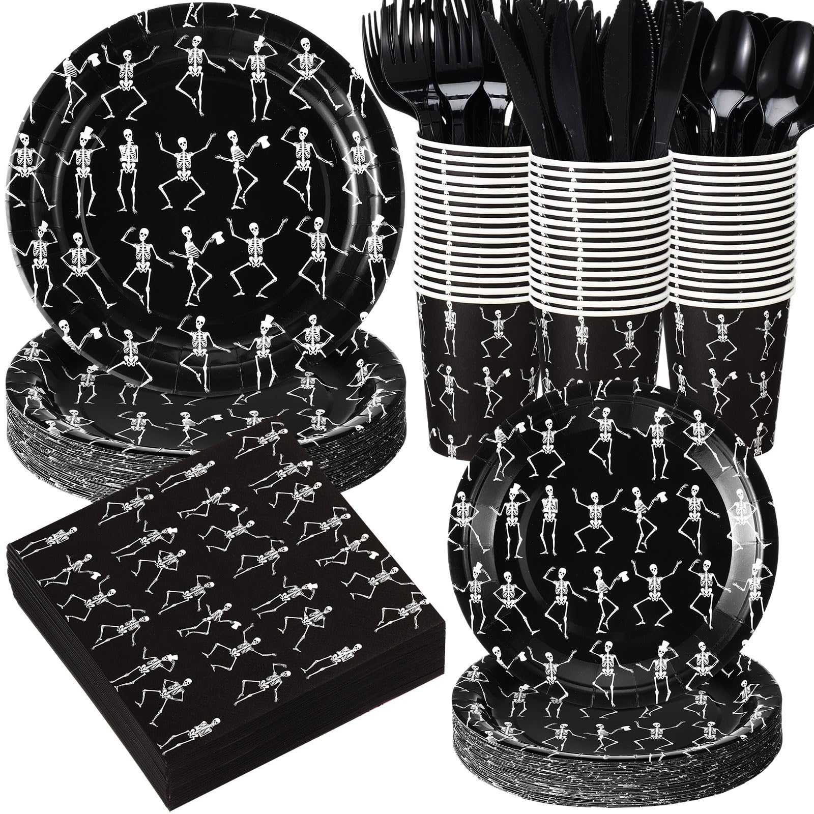 Skeleton Tableware Pickmesh 400 Pcs Halloween Skeleton Paper Plates and Napkins Set, Black ...