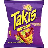 Takis Fuego Rolled Tortilla Chips, 3.25oz Bag | Extremely Spicy Hot Chili Pepper and Lime Flavor, Corn Snack Chips, Individual Bags, Portable Snack Size