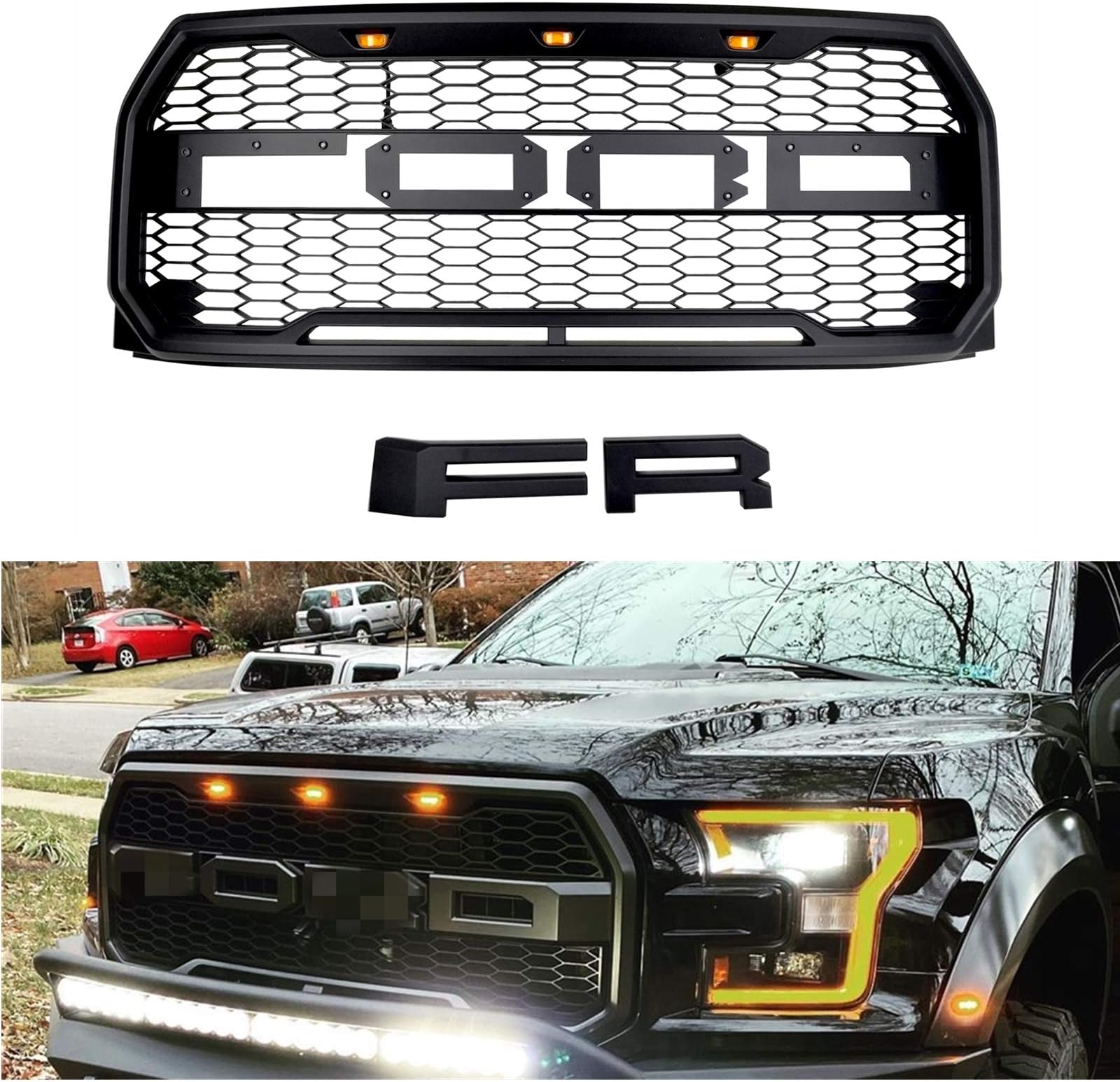 Raptor Style Grill For F150 2015 2016 2017 ABS Honeycomb Grille with Amber Light and Letters,Compatible F150 XL, XLT, LARIAT,Mattle Black