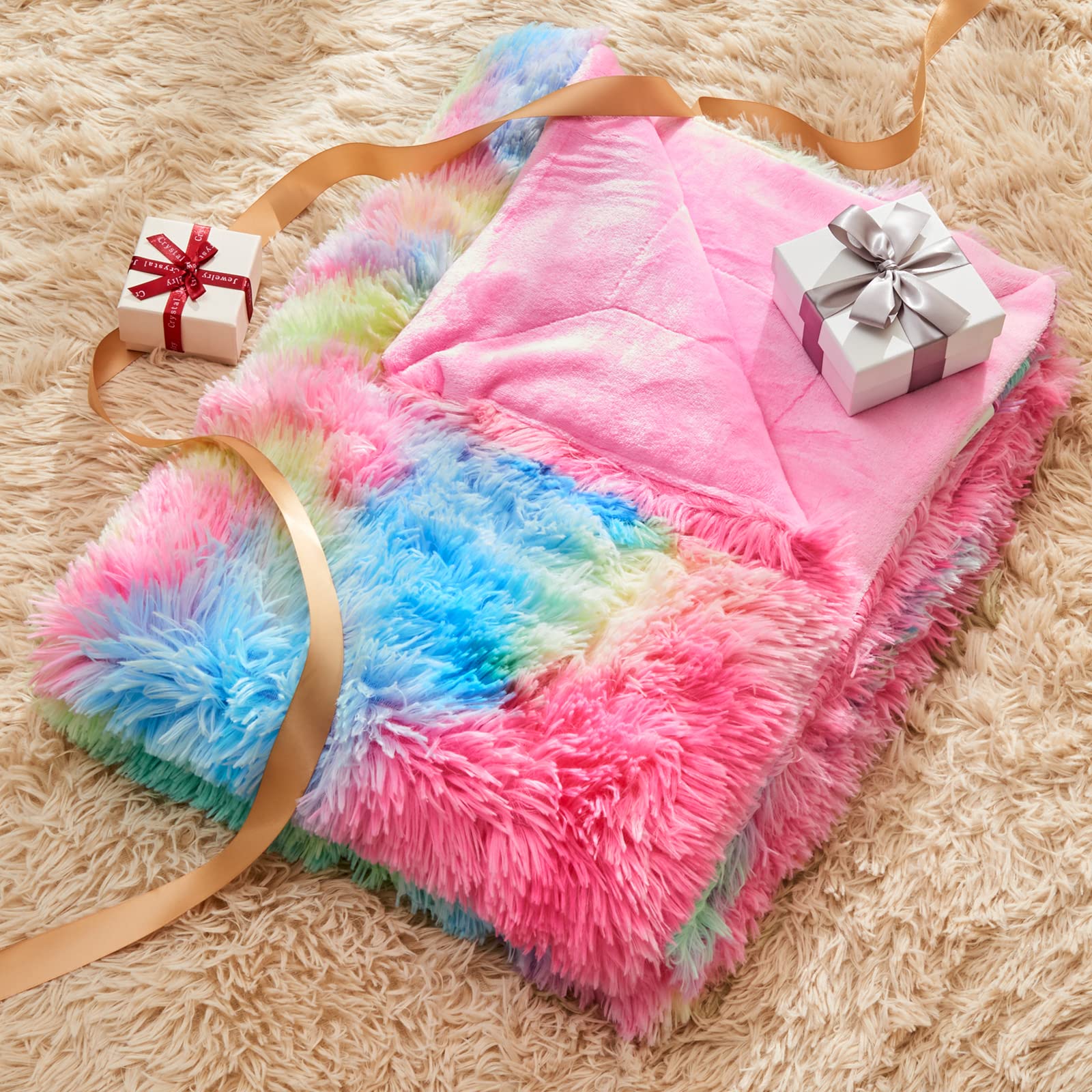GONAAP Fuzzy Faux Fur Throw Blanket Dark Rainbow