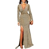 Women's Formal Long Sleeve Sparkly Maxi Dress V-Neck High Slit Wrap Sexy Gown Cocktail Glitter Maxi Long Dresses