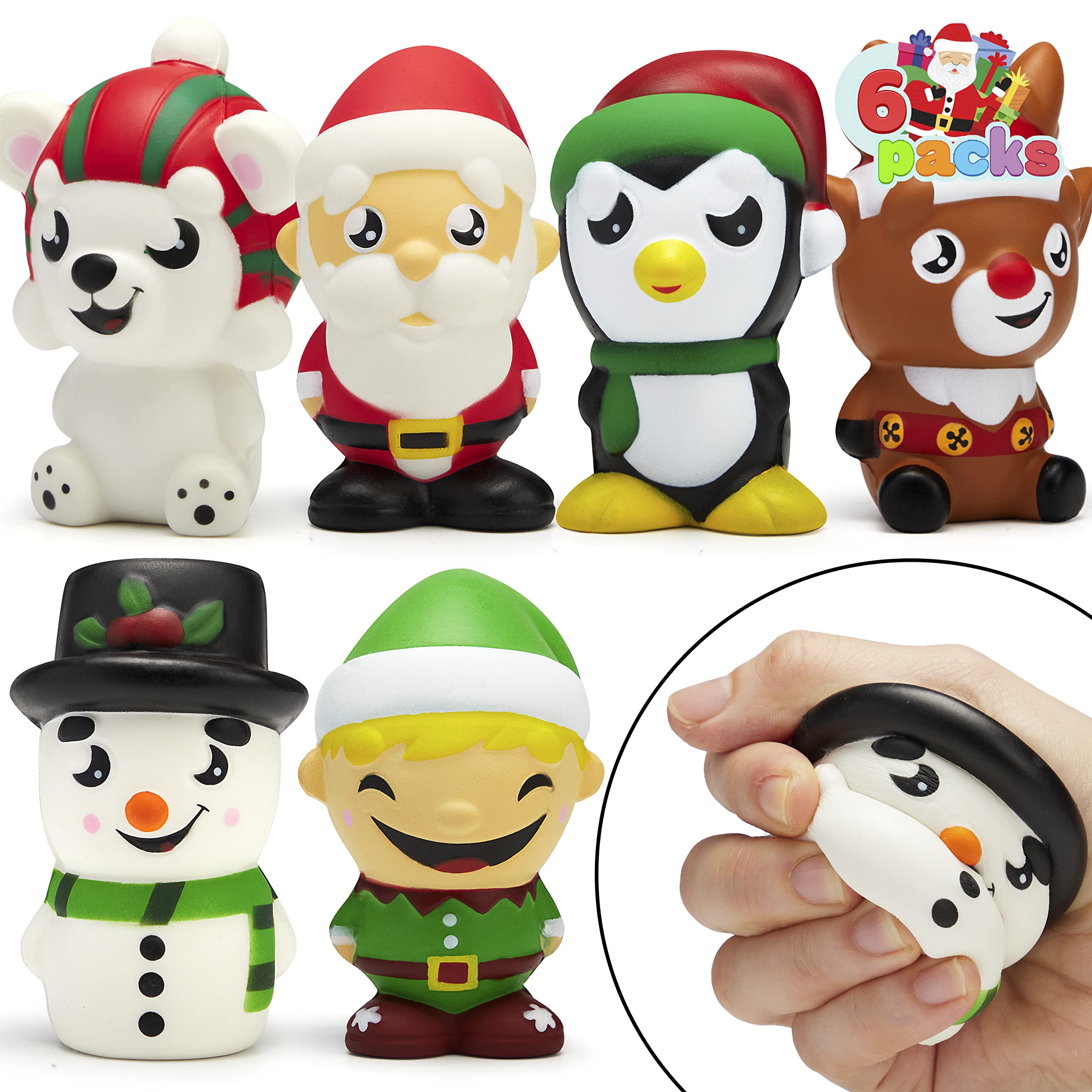 JOYIN Pack of 6 Christmas Themes Squishy Toys Slow Rising Stress Relief Super Soft Squeeze Kawaii Cute Christmas Friends Characters Toy for Boys Girls