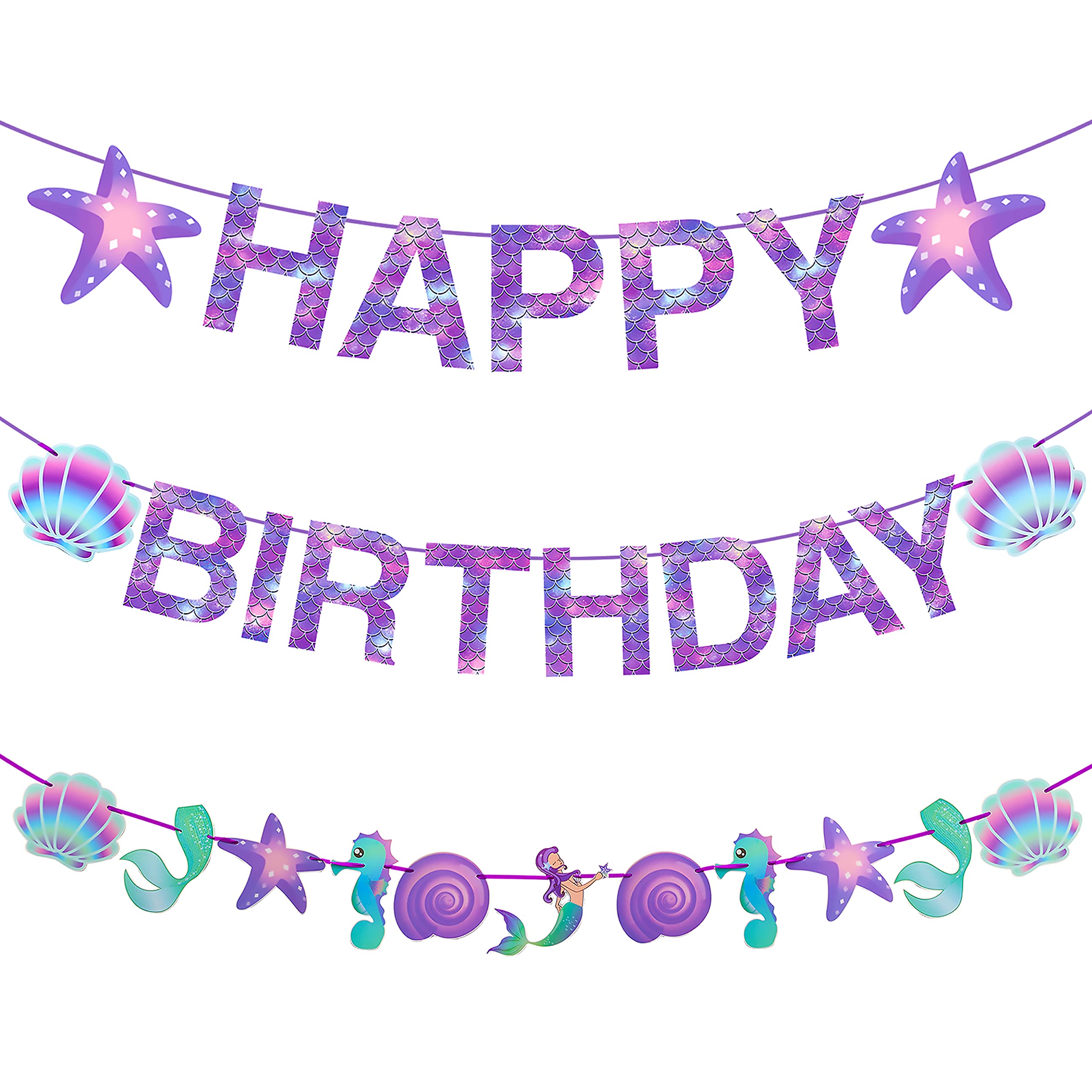 Mermaid Birthday Sign Banner, Mermaid Party Supplies, Mermaid Birthday Decoration for Under The Sea Party, Sparkle Happy Birthday Banner, Shell Mermaid Theme Party Favor for Girls 1st Birthday