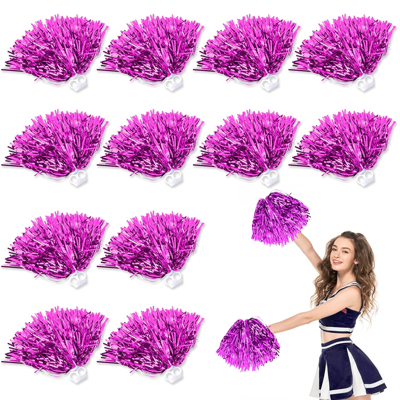 ToyaJeco 12 Pieces Metallic Foil Cheerleading Pom Poms, Handheld Cheerleader Pompoms with Finger-friendlly Ring, Hand Flower for Kids Adults Dance Party Sports Team Spirit Cheering (Rose Red)