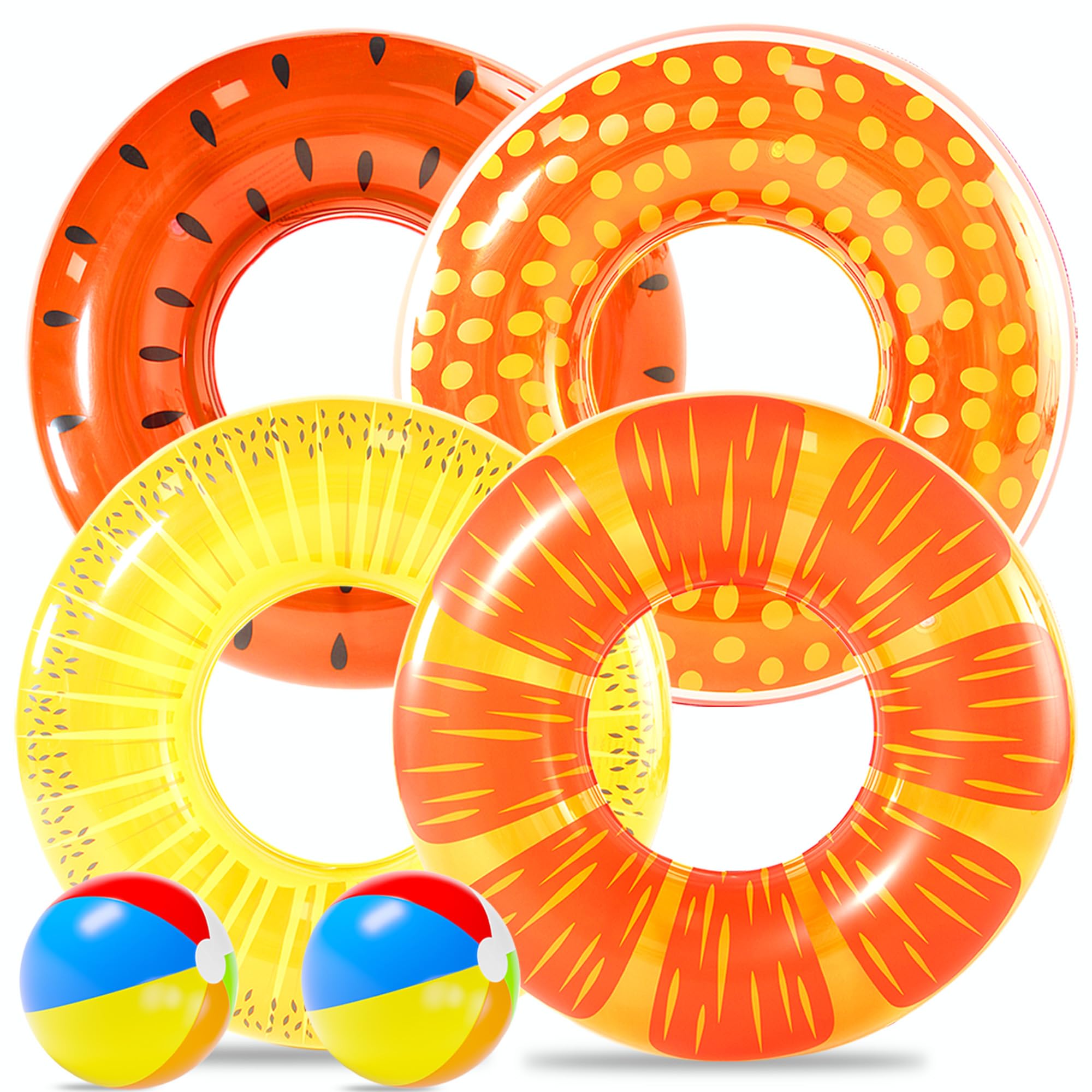 FindUWill 6 Pack Pool Floats - Inflatable Pool Float Swimming Tube Ring Floaties(4 Pack) with 2Pcs Beach Balls, Grape, Kiwi, Watermelon, Passion Fruit Pool Float for Kids and Adults