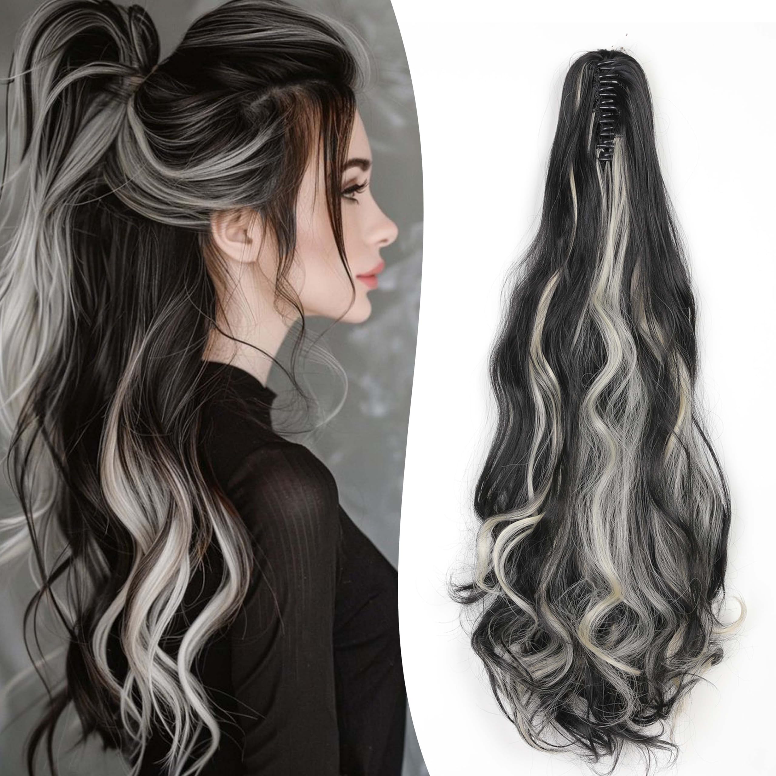 Gairyan 20inch Ponytail Extension Clip in Ponytail Hair Extensions Curly Wavy Pony Tails Claw on Ponytail Long Wave Synthetic Hairpieces for Women Soft Real Look (Natural Black & Bleach Blonde) โ image 1