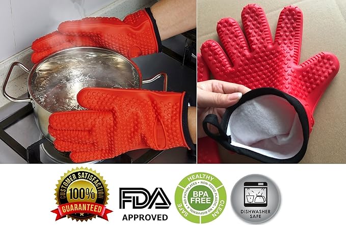 Silicone Kitchen Gloves [Fabric Lining / Inner Cotton Layer] Heat Resistant Silicone Gloves for Barbeque and Cooking Baking Barbeque Grilling Oven Mitts,BBQ Insulated Gloves BPA free by Sanskriti Premium Products
