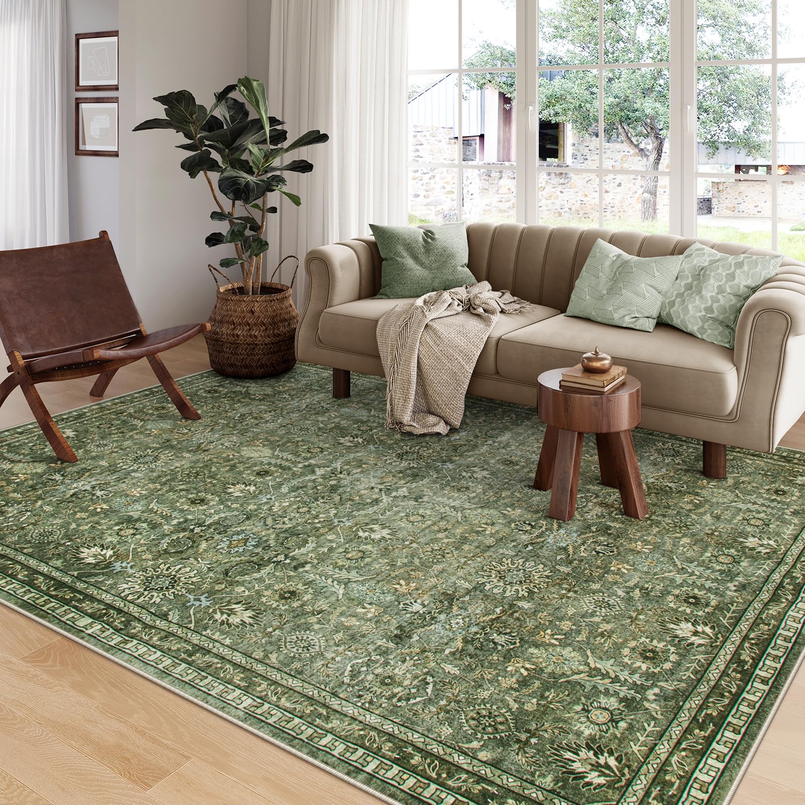 Photo 1 of * COLOR IS LIGHT GREEN * Morebes Boho Green Rugs for Living Room 8x10, Floral Washable Rugs for Bedroom Dining Room Non Slip, Large Soft Low Pile Indoor Floor Carpet for Farmhouse Office
