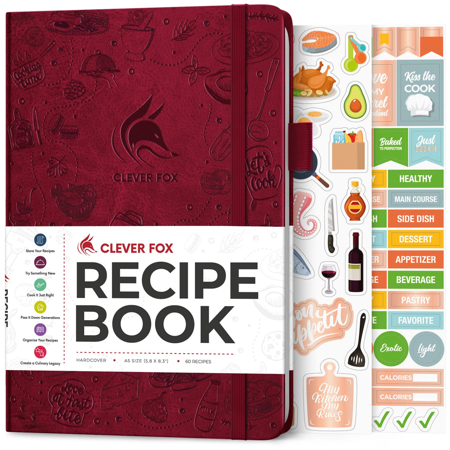 Clever Fox Recipe Book - Make Your Own Family Cookbook & Blank Recipe Notebook Organizer, Empty Cooking Journal to Write in Recipes, A5, Stores 60 Recipes, Burgundy