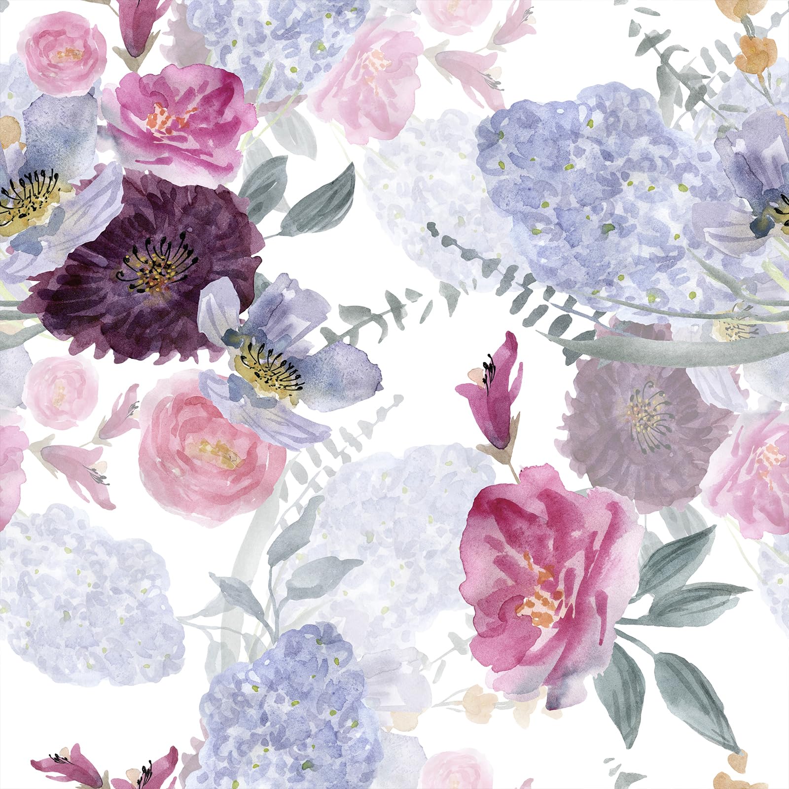 VEELIKE Lilac Peony Floral Wallpaper Vintage Purple Pink Flower Leaf Contact Paper for Walls Cabinets Drawers Watercolor Patterned Bedroom Girls Room Nursery 44.5cmx300cm