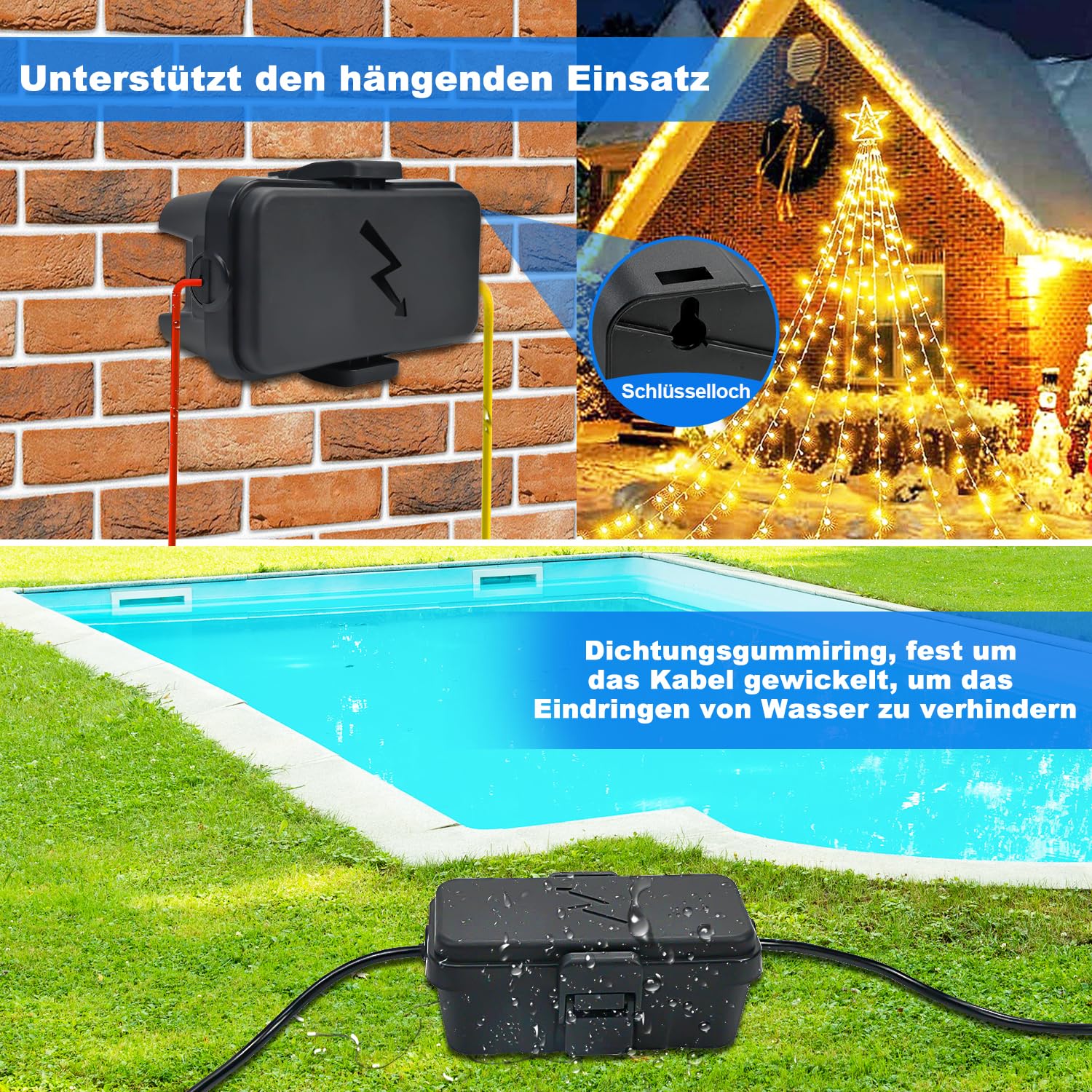 Hrensaw Kleine wetterfester Elektrischer Anschlusskasten(Innenmaße: 14x7,5x5,5cm), IP54 wasserdicht Kabelsicherheitsbox Zum Schutz Von Zeitschaltuhren,Verlängerungskabeln,Festliche Lichter,Schwarz 5