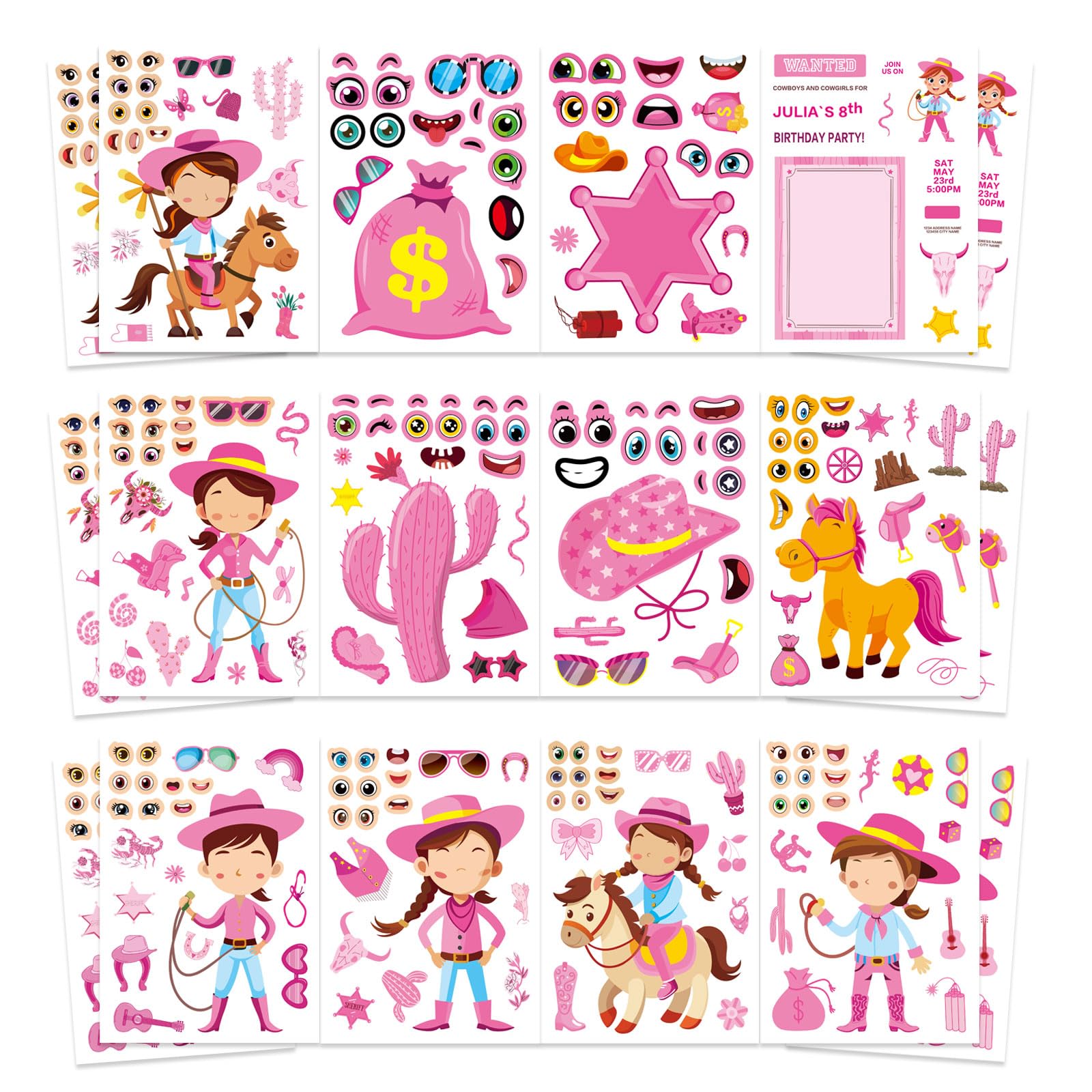 Photo 1 of 24 Sheets Cowboy Cowgirl Stickers for Kids, Country Western Cowgirl Make a Face Sticker, Make Your Own Stickers Sheets, Pink Cool Theme Art Craft Supplies