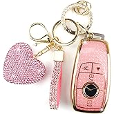 YIKECASE Key Fob Cover with Diamond Keychain Car Key Holder Compatible with Benz 2017-2021 E-Class 2018-2021 S-Class 2019-2021 A-Class C-Class G-Class for Women, 4 Buttons (Pink-Heart)