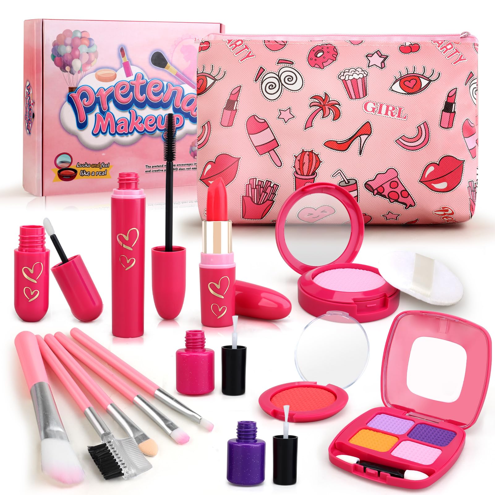Woumserta Toddler Girls Toys Pretend Makeup Kits - Fake Makeup Set Toys for Kids 3 4 5 6 Year Old, Play Makeup Gift for Little Girls 3-5, Toddler Makeup Kit with Fake Makeup Toy Birthday Gift (Red)