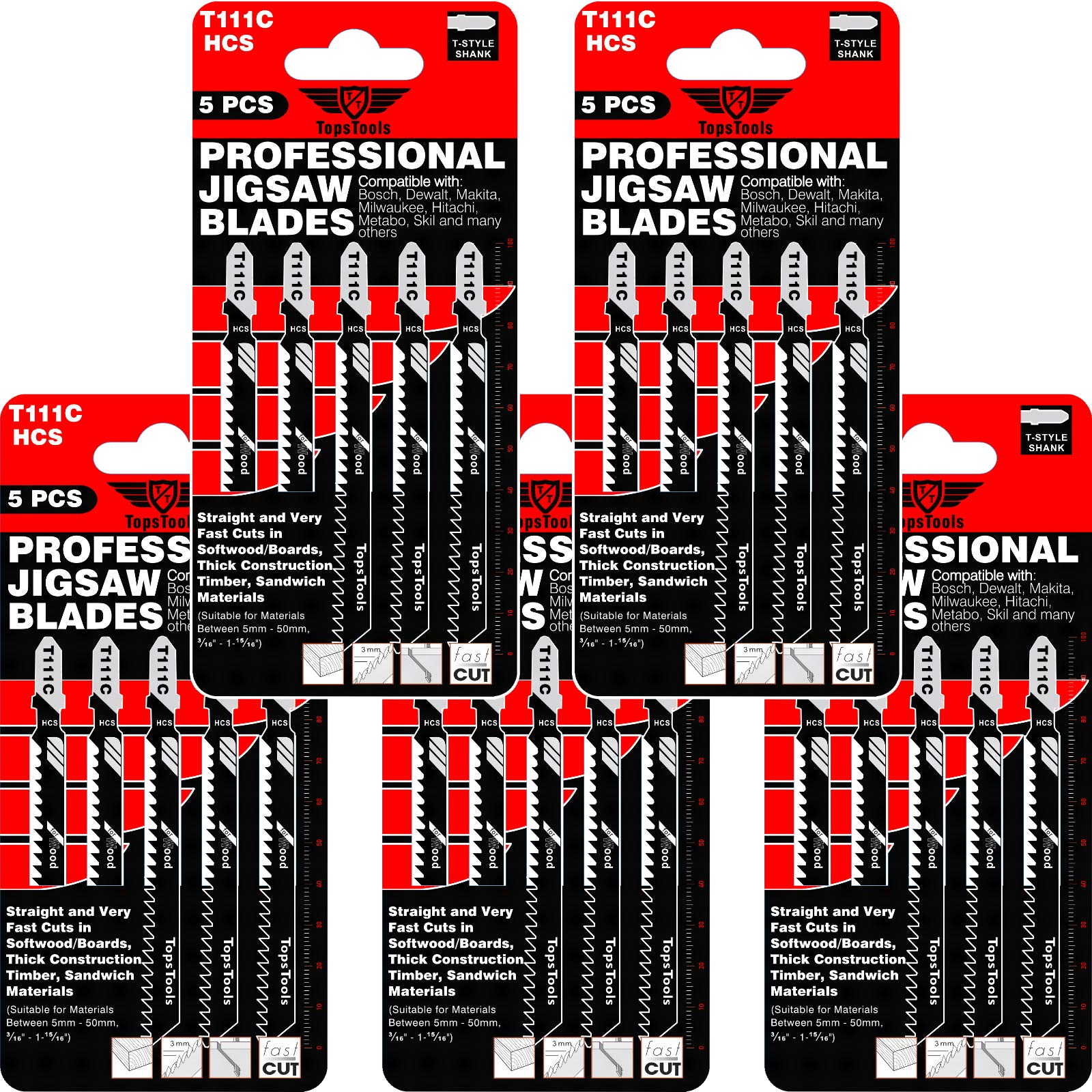 25 x TopsTools T111C 100mm Jigsaw Blades Designed for Fast Coarse Cuts in Wood