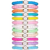 LOREMOW 12 Pcs Preppy Friendship Bracelets for Women Smile Face Stackable Beaded Colorful Surfer Heishi Clay Bracelets Stretch Bracelets Boho Elastic Bracelets for Party Favors