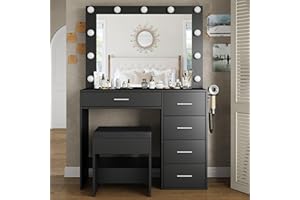 Yanosaku Vanity Desk & Power Outl,Makeup Vanity with Mirror and 11 LED Lights,Makeup Table with 5 Drawers,Vanity Table with Chair,Vanity Set 3 Lighting Modes Brightness Adjustable,Black