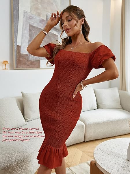 BERRYGO WOMEN’S SMOCKED BODYCON OFF SHOULDER PUFF SHORT SLEEVE MERMAID DRESS RUFFLE SHIRRED PARTY COCKTAIL PENCIL MIDI DRESS BURGUNDY L