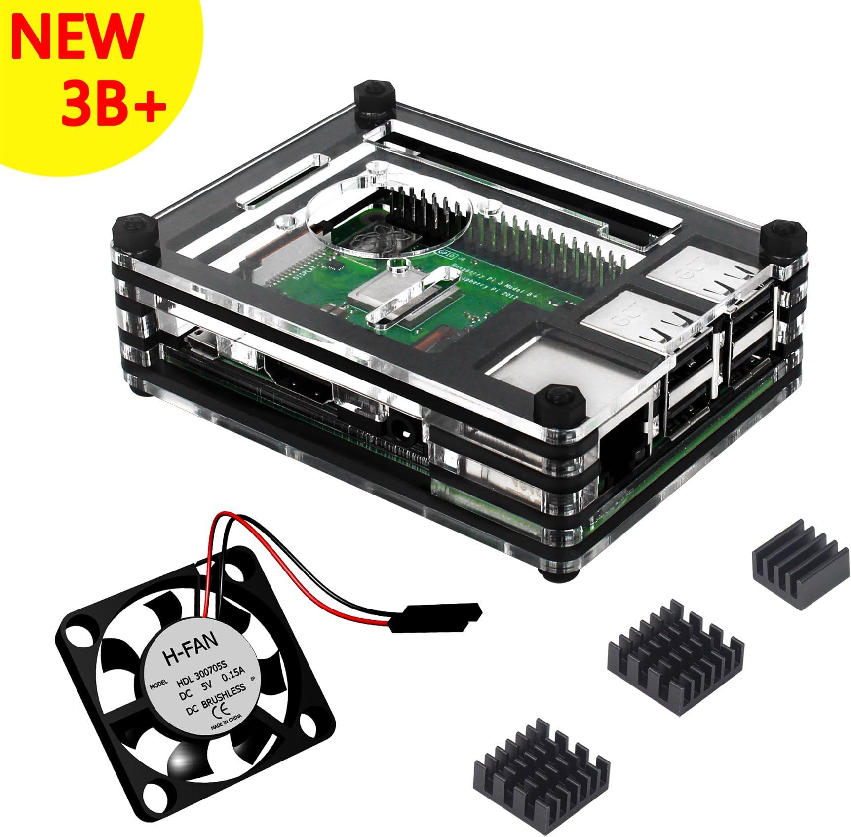 Clearain For Raspberry Pi 3 B+ Case with fan, 3pcs Aluminum heatsinks (Black&Cleaer)