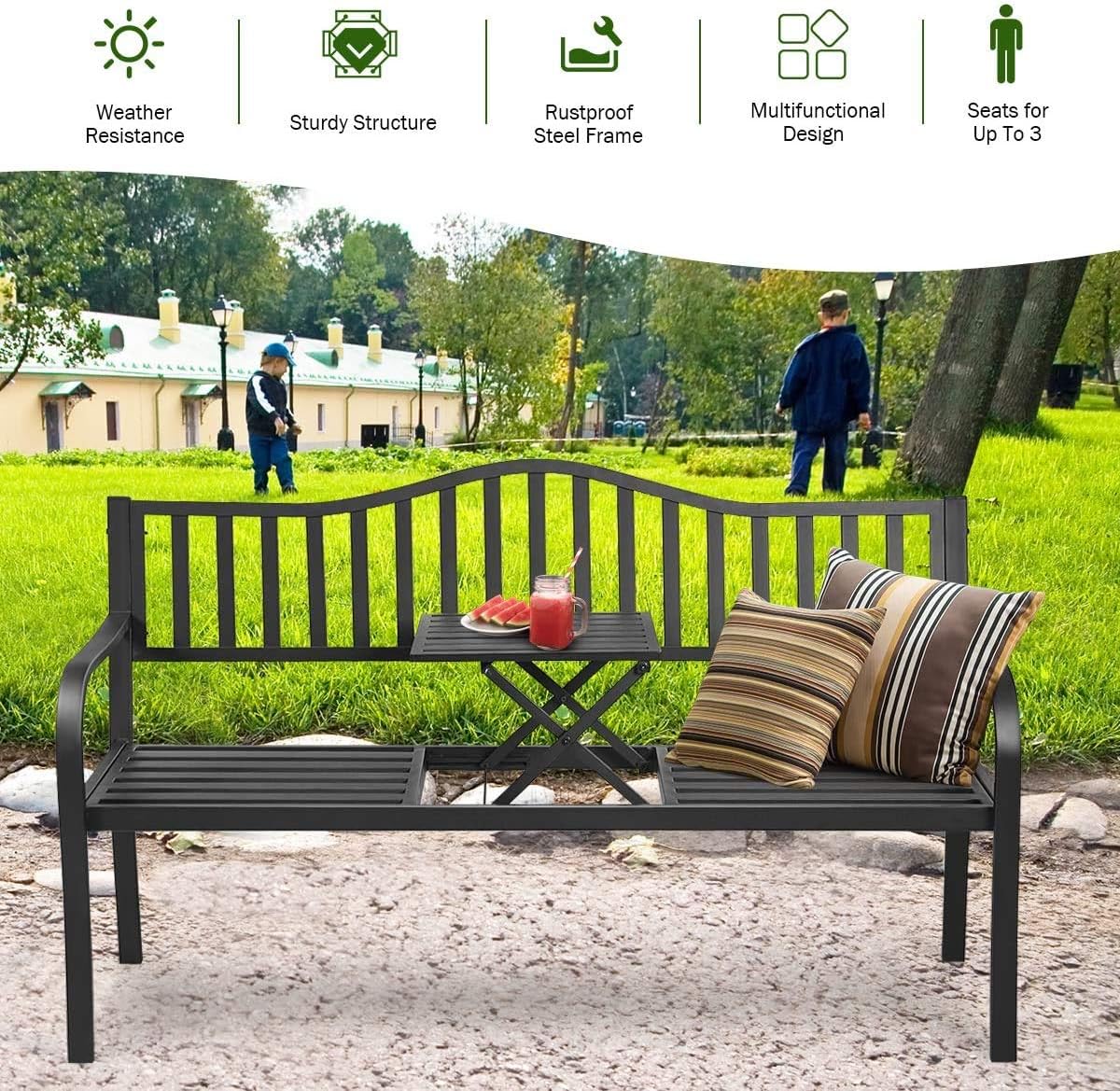 Giantex Garden Bench, Outdoor Metal Patio Benches w/Pullout Middle Table for Porch Path Yard Lawn Decor Deck Outdoor Metal Loveseat (Black): Kitchen & Dining