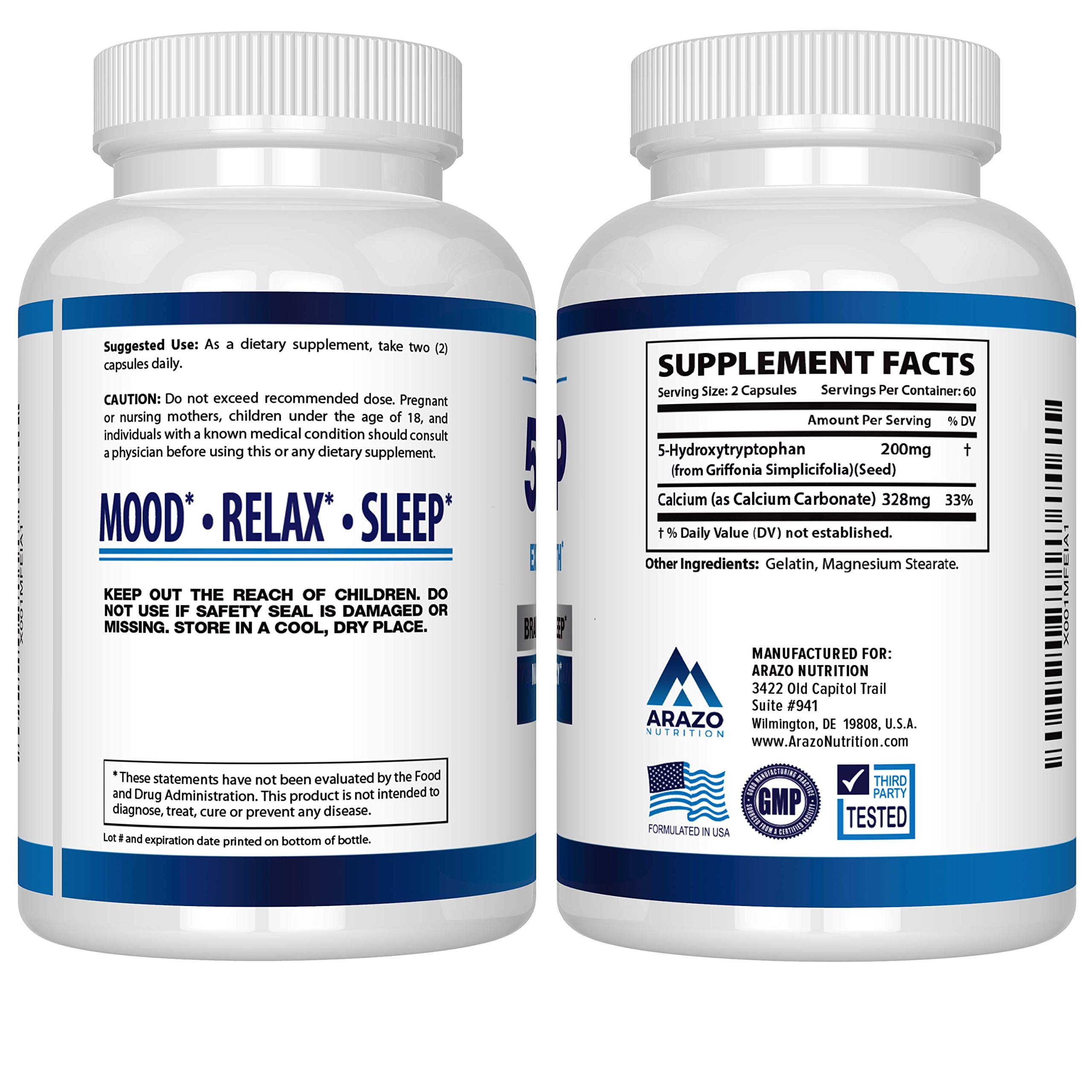 5HTP 200 mg Supplement 120 Capsules Arazo Nutrition ExerciseN