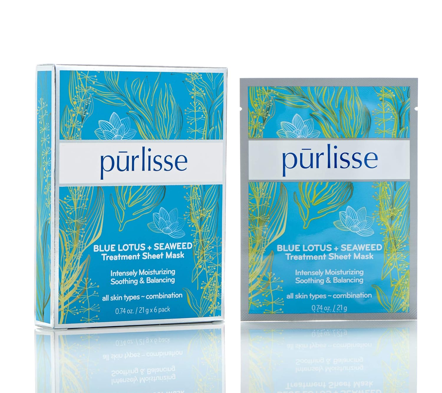 purlisse Blue Lotus and Seaweed Anti Aging Face Mask - Natural Korean Facial Sheet Mask for Soothing Aging Skin & Reduces Inflammation, 6 Pack Set of Sheet Masks