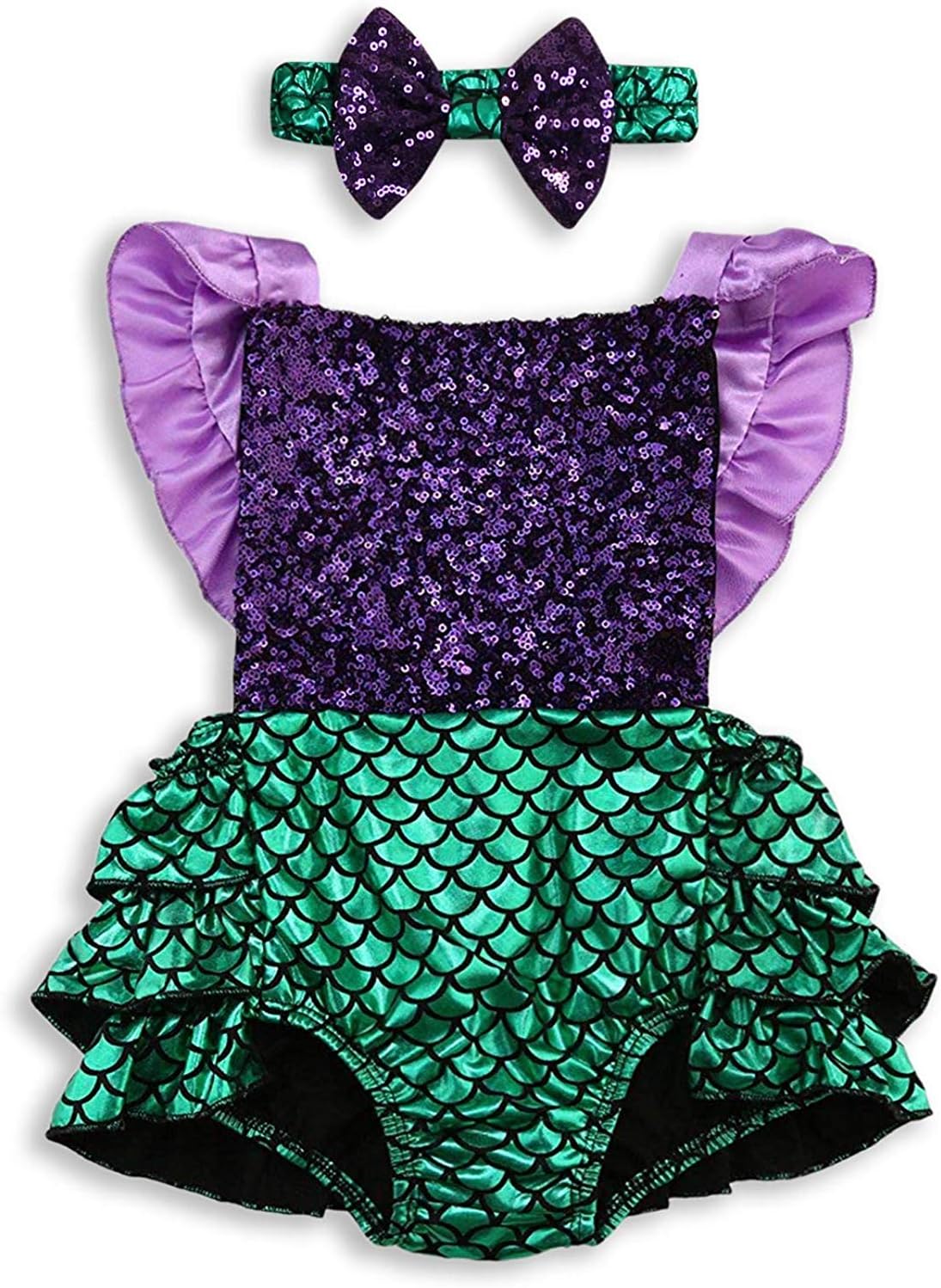 Baby Girl Mermaid Romper Sequins Backless Sunsuit with Headband 2Pcs Costume Clothes