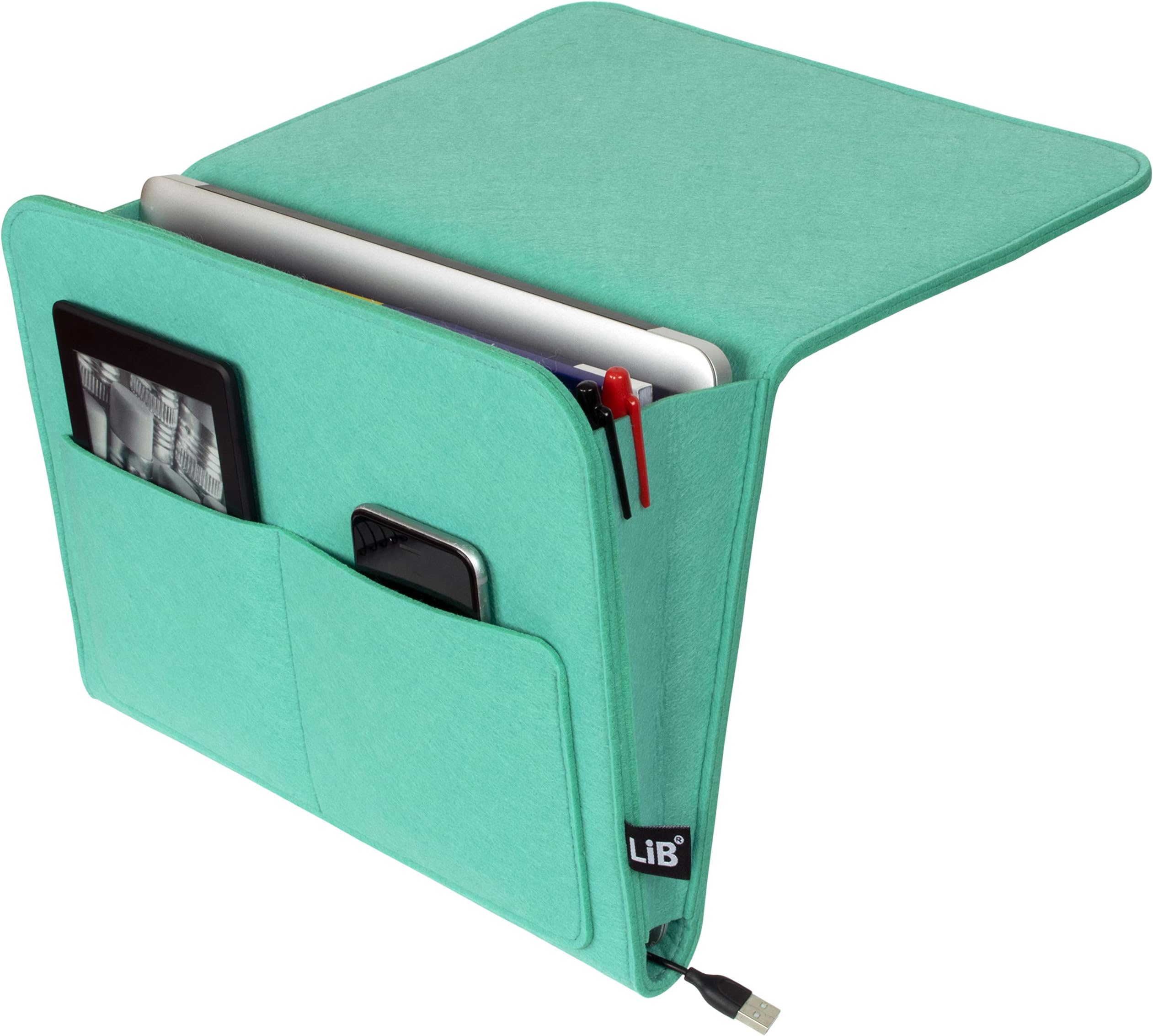 Lib Bedside Caddy, Original Design | Large Size 9.5" x 13.5" | Laptop Holder | 100% Handmade | College Room, Kids Bunk Bed, Hospital Bed | Night Hanging Storage Organizer (Cyan)