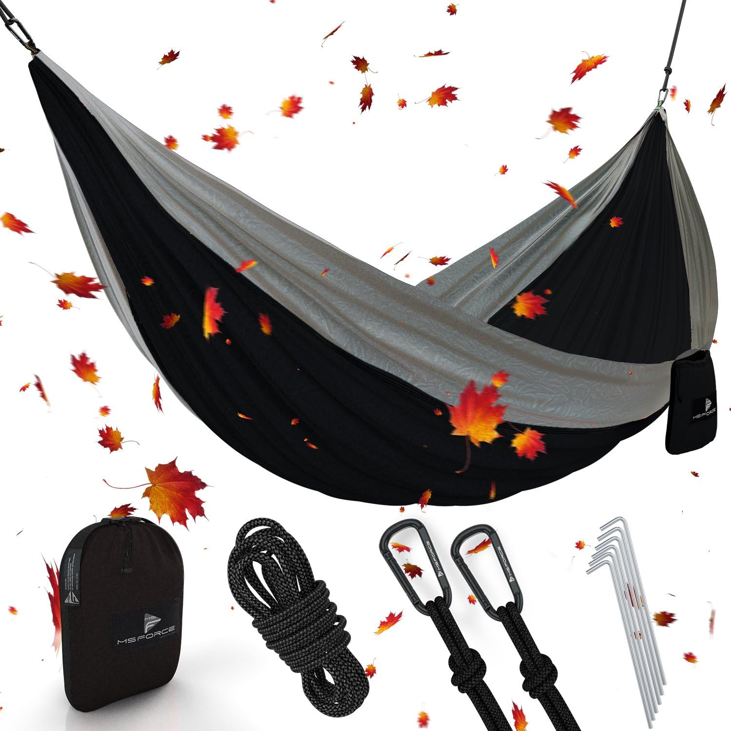 MSFORCE Double Camping Hammock Waterproof Lightweight Parachute 240T Portable Hammock, 2 Heavy-Duty 1500 lbs Capacity Carabiners, with 2 Tree Straps for Outdoor Backpacking Indoor 118" L x 78" W