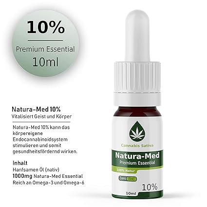 Natura-Med 10% Premium Essential | 10ml - CB1 und CB2 Aktivator (10%) CBD (G) Hanf Öl Tropfen mit Extrakt (10%)