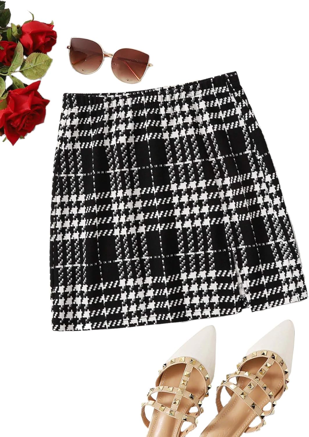 SheIn Women's Basic Stretch Plaid Mini Bodycon A-Line Pencil Skirt: Clothing