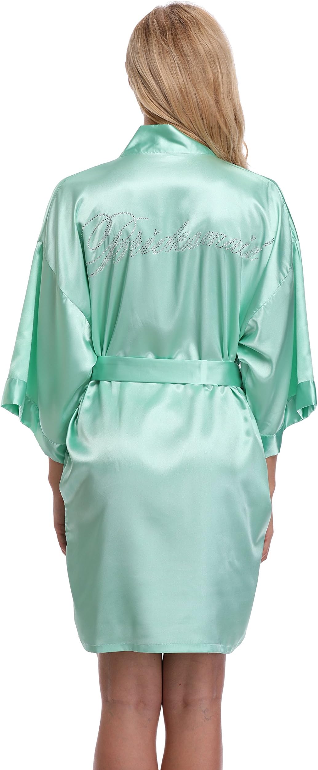 KimonoArt Satin Rhinestone Short Kimono Robe for Bride Bridesmaid Maid of Honor